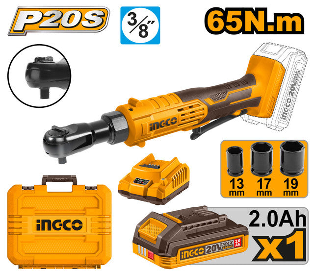 Cliquet 20V, couple 65Nm, carré 3/8". Livrée avec 3 douilles, batterie 2,0Ah et chargeur.