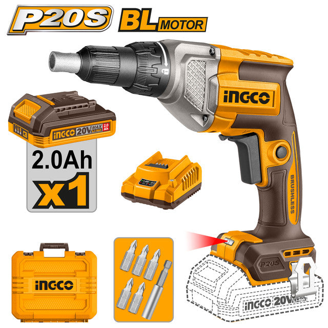 20V Drywall Screwdriver, 4200 rpm. Supplied with 5 bits, 2.0Ah battery and charger.