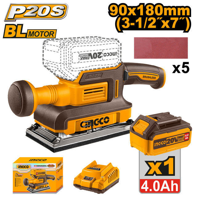Ponceuse de finition 20V brushless, base 90x180mm. Livrée avec 5 papiers, batterie 4,0Ah et chargeur.