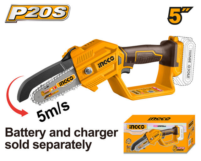 Scie élagueuse 20V, guide 5" (13cm). Livrée avec chaîne et guide. Batterie et chargeur non inclus.