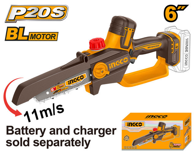 Scie d'élagage 20V brushless, guide 6". Livrée avec chaîne, guide. Batterie et chargeur vendus séparément.