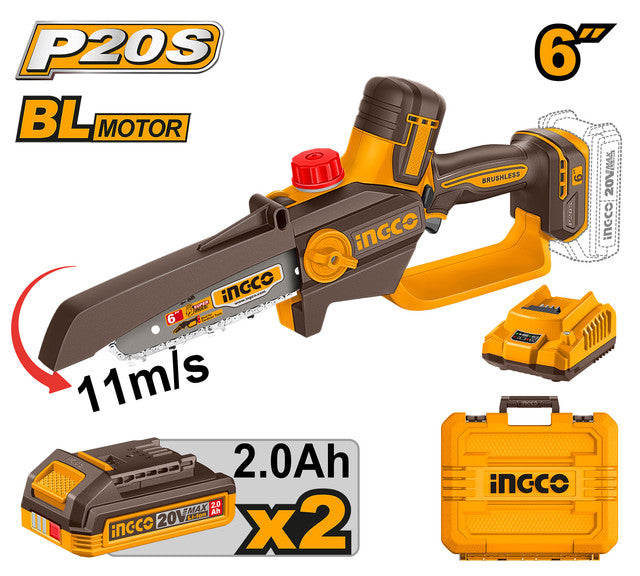 Scie d'élagage 20V brushless, guide 6". Livrée avec 2 batteries 2,0Ah, chargeur et accessoires.