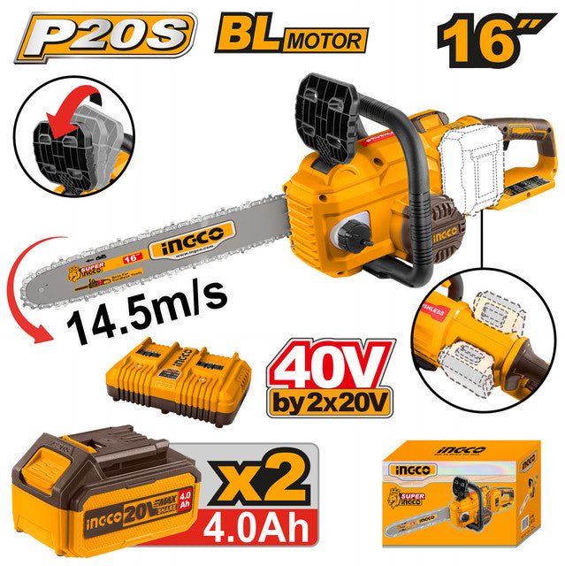 40V (20Vx2) brushless chainsaw, 16" bar. Supplied with 2x 4.0Ah batteries and dual charger.