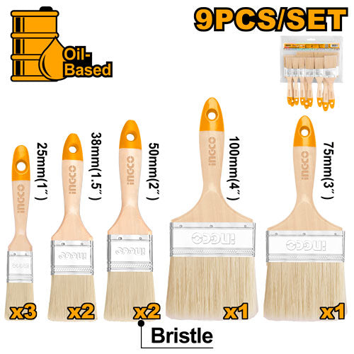 Set of 9 wooden brushes (1", 1.5", 2", 3", 4"). For oil painting.