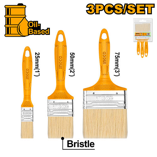 Set of 3 paint brushes for oil painting (1", 2", 3"). Plastic handle.