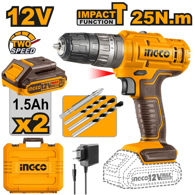 Perceuse à percussion 12V, couple 25Nm. Livrée avec 2 batteries 1,5Ah, chargeur et 3 forets béton.