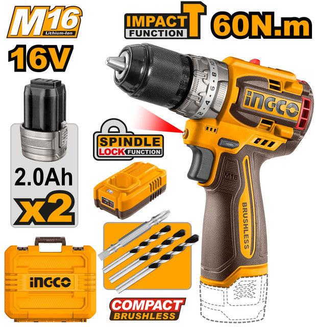 Perceuse 16V brushless, couple 60Nm. Livrée avec 2 batteries M16 2,0Ah, chargeur et forets.