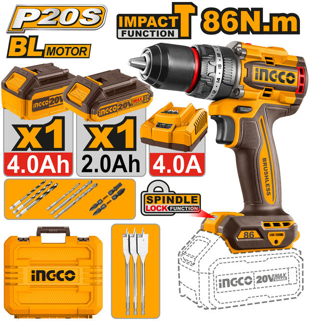 Perceuse 20V brushless, couple 86Nm. Livrée avec 1 batterie 2,0Ah + 1 batterie 4,0Ah, chargeur et accessoires.