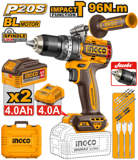 Perceuse 20V brushless, couple 96Nm. Livrée avec 2 batteries 4,0Ah, chargeur et accessoires (forets, embouts).
