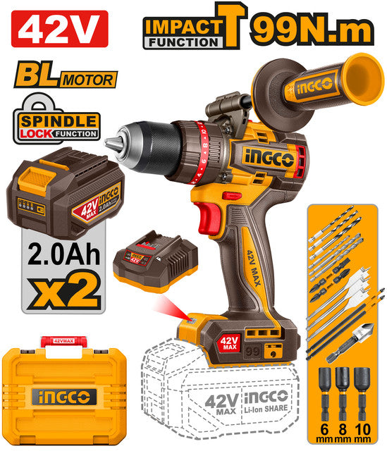 Perceuse 42V brushless, couple 99Nm. Livrée avec 2 batteries 2,0Ah, chargeur et accessoires (forets, embouts).