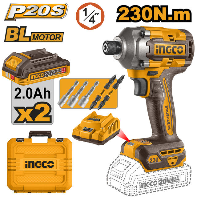 20V brushless impact driver, 230Nm torque. Supplied with 2 x 2.0Ah batteries and charger.