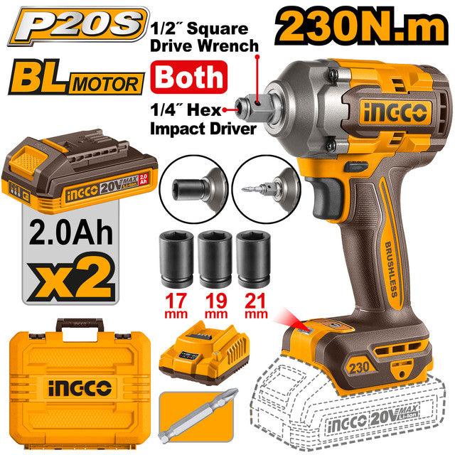 20V brushless impact wrench, 1/2" drive, 230Nm torque. Supplied with 3 sockets, bit, 2.0Ah battery, and charger.
