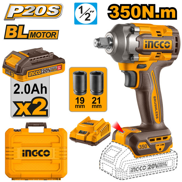 20V brushless impact wrench, 1/2" drive, 350Nm torque. Supplied with 2 x 2.0Ah batteries, charger and 2 sockets.