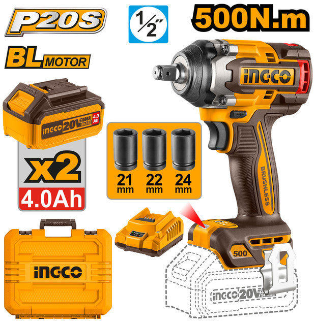 20V brushless impact wrench, 1/2" drive, 500Nm torque. Supplied with 2 x 4.0Ah batteries, charger and 3 sockets.