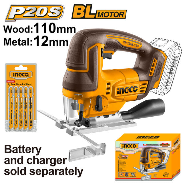 Scie sauteuse 20V, capacité bois 110mm, métal 12mm. Livrée avec 5 lames. Batterie et chargeur non inclus.