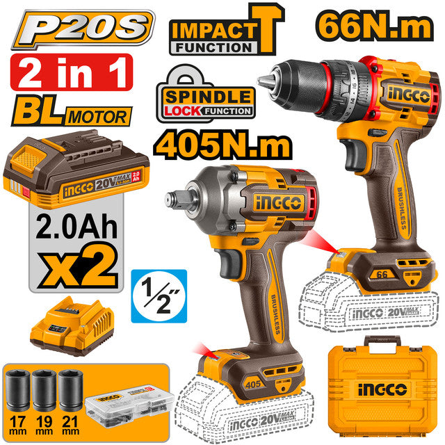 Kit 2 pièces 20V: perceuse à percussion 66Nm + clé à chocs 405Nm. Livré avec 2 batteries 2,0Ah, chargeur et accessoires.