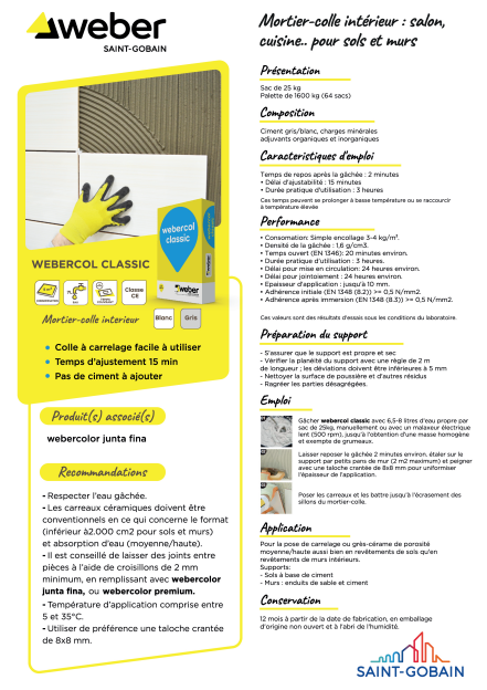 Mortier colle Webercol Classic St Gobain - Coloris Blanc - Carrelage et Marbres - Murs et sols intérieurs - Sac 25kg