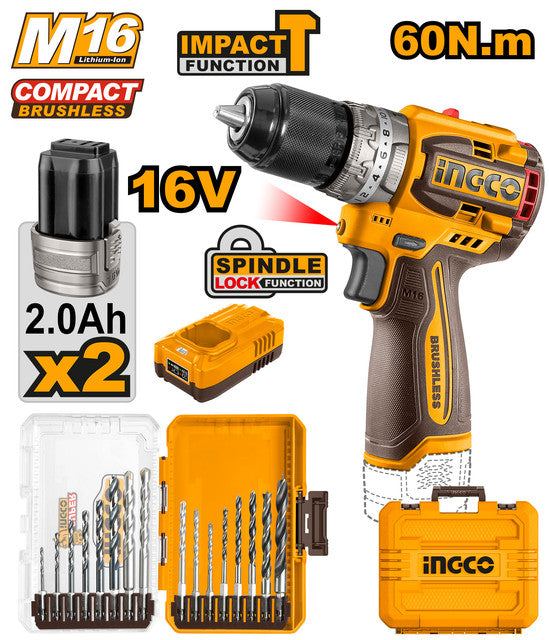 Perceuse 16V brushless, couple 60Nm. Livrée avec 2 batteries M16 2,0Ah, chargeur et 16 forets.