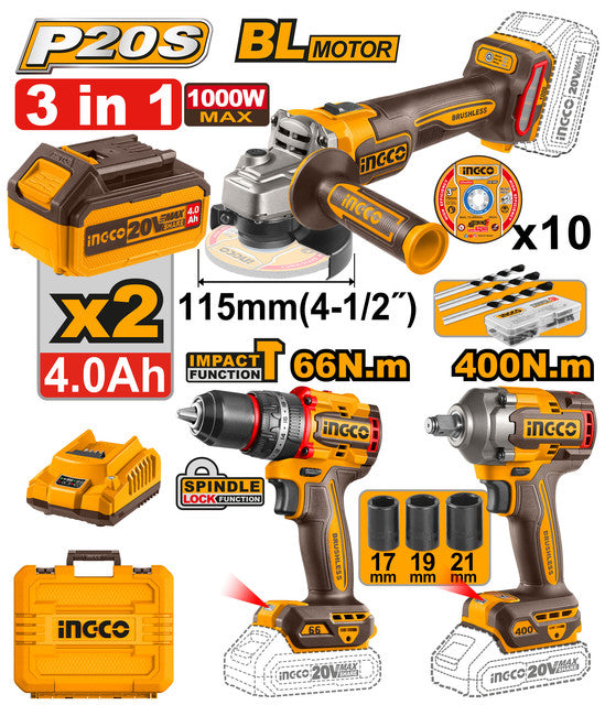 Kit 3 pièces 20V: meuleuse, perceuse, clé à chocs 400Nm. Livré avec 2 batteries 4,0Ah, chargeur et accessoires.