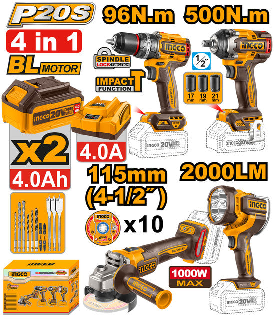 Kit 4 pièces 20V: perceuse 96Nm, clé à chocs 500Nm, meuleuse, lampe. Livré avec 2 batteries 4,0Ah, chargeur et accessoires.