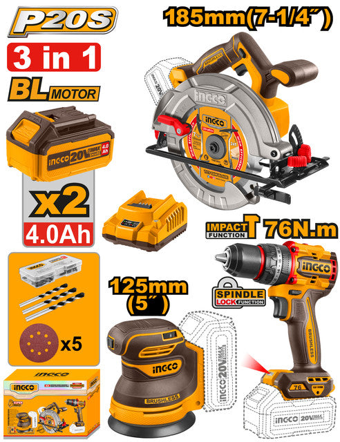 Kit 3 pièces 20V: scie circulaire 185mm, ponceuse, perceuse 76Nm. Livré avec 2 batteries 4,0Ah, chargeur et accessoires.