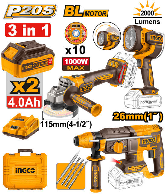 Kit 3 pièces 20V: marteau perforateur, meuleuse, lampe. Livré avec 2 batteries 4,0Ah, chargeur et accessoires.