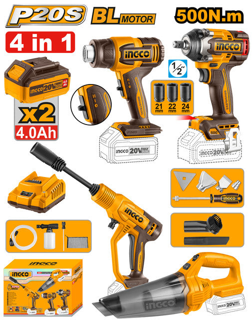 Kit 4 pièces 20V: décapeur thermique, aspirateur, nettoyeur HP, clé à chocs. Livré avec 2 batteries 4,0Ah et chargeur.