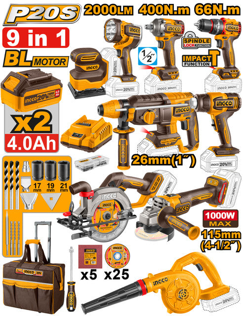 Kit 9 pièces 20V (perceuse, clé, meuleuse, marteau, scie, souffleur, ponceuse, décapeur, lampe). Livré avec 2 batteries 4,0Ah, chargeur et accessoires.