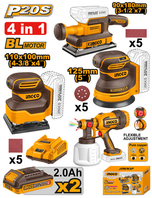 Kit 4 pièces 20V: ponceuse finition, ponceuse feuille, ponceuse orbitale, pistolet peinture. Livré avec 2 batteries 2,0Ah, chargeur et accessoires.