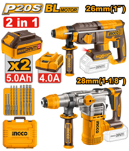 Kit 2 marteaux perforateurs 20V: 28mm (4.5J) et 26mm (2.5J). Livré avec 9 forets, 2 batteries 5,0Ah et chargeur.