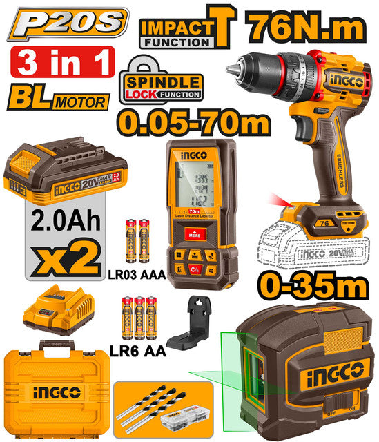 Kit perceuse 20V 76Nm + niveau laser + télémètre. Livré avec 2 batteries 2,0Ah, chargeur et accessoires.