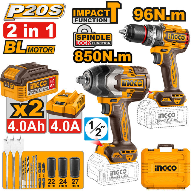 Kit 2 pièces 20V: perceuse 96Nm + clé à chocs 850Nm. Livré avec 2 batteries 4,0Ah, chargeur et accessoires (forets, douilles).