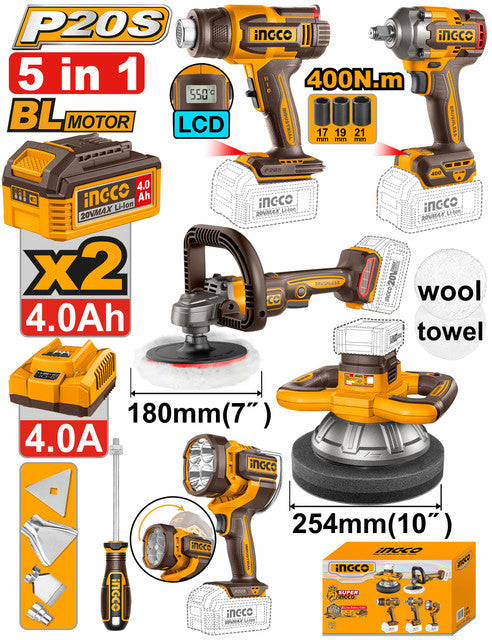 Kit 5 pièces 20V: 2 polisseuses, clé à chocs, lampe, décapeur. Livré avec 2 batteries 4,0Ah, chargeur et accessoires.