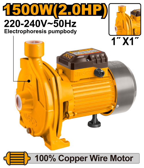 Pompe centrifuge 1500W, hauteur max 45m, débit 140L/min. Pour eau propre.