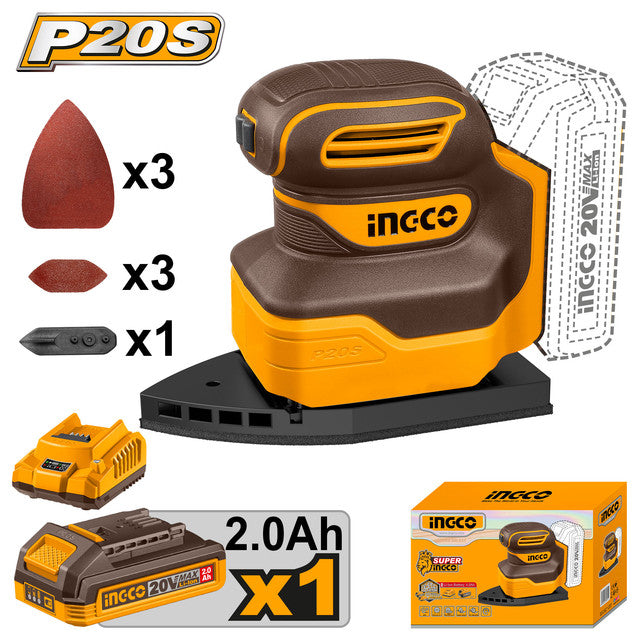 Ponceuse à main 20V, vitesse 12.000 tr/min. Livrée avec batterie 2,0Ah, chargeur et papiers.