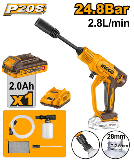 Nettoyeur HP 20V, pression max 24,8 bar, débit 2,8L/min. Livrée avec batterie 2,0Ah et chargeur.