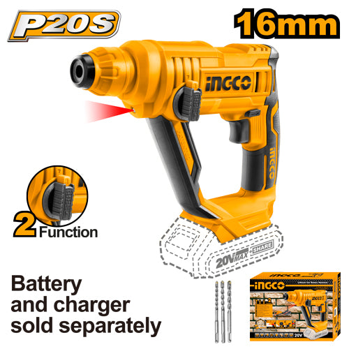 Perforateur 20V, capacité perçage béton 13mm. Livré avec 3 forets SDS. Batterie et chargeur non inclus.