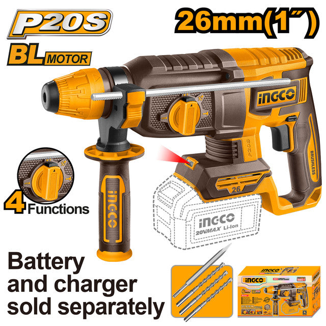 20V brushless 26mm (2.5J) rotary hammer. Supplied with 3 drill bits and chisel. Battery and charger sold separately.