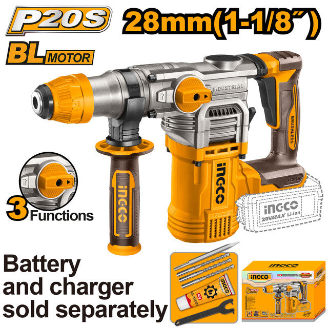 Perforateur 20V brushless 28mm (4.5J). Livré avec 3 forets, burin, graisse. Batterie et chargeur non inclus.