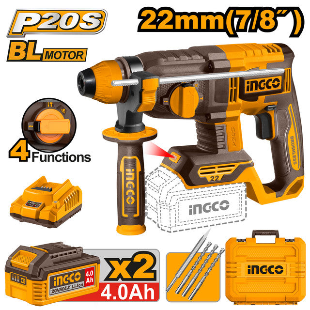 Perforateur 20V brushless 22mm (2.0J). Livré avec 3 forets, burin, 2 batteries 4,0Ah et chargeur.