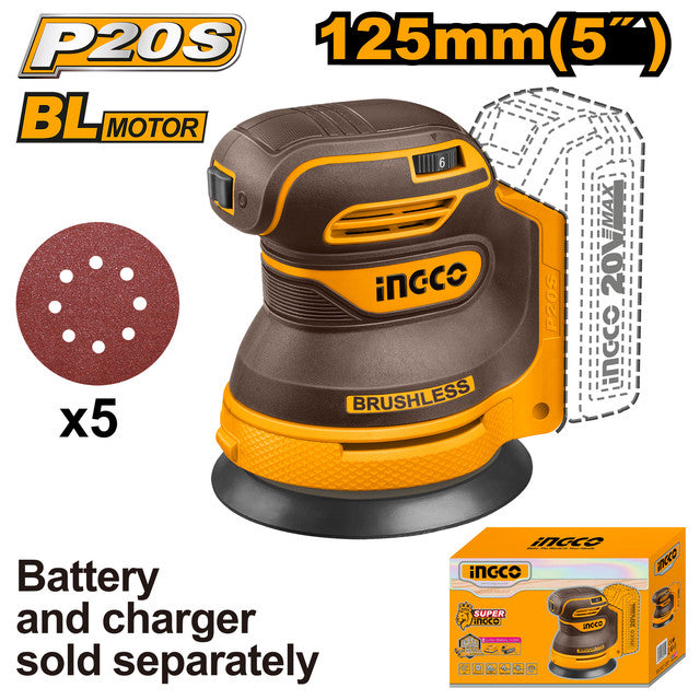 Ponceuse orbitale 20V, plateau 125mm. Livrée avec 5 papiers. Batterie et chargeur non inclus.