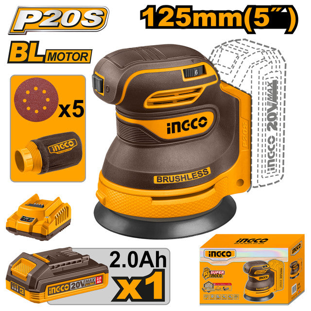 Ponceuse orbitale 20V brushless, plateau 125mm. Livrée avec 5 papiers, batterie 2,0Ah et chargeur.