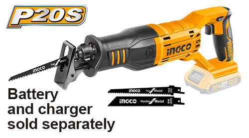 Scie sabre 20V, capacité bois 115mm. Livrée avec 2 lames. Batterie et chargeur non inclus.