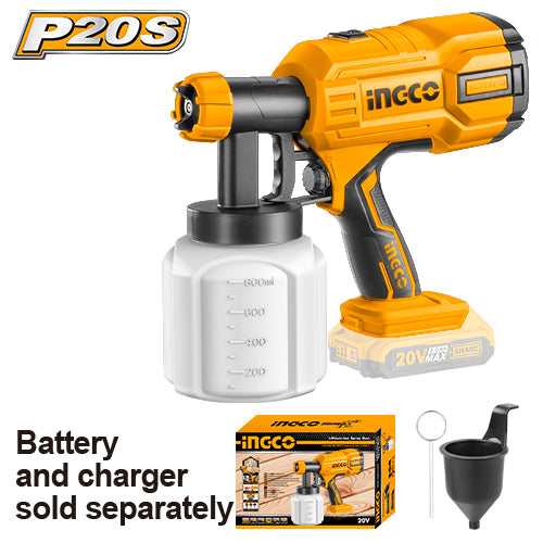 Pistolet peinture 20V, débit 600ml/min, capacité 800ml. Batterie et chargeur non inclus.