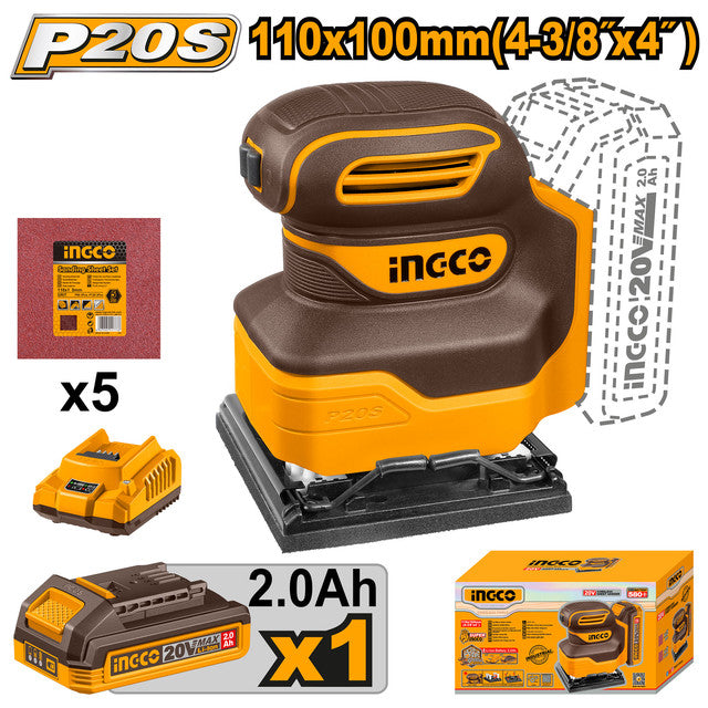 Ponceuse vibrante 20V, base 110x100mm. Livrée avec batterie 2,0Ah, chargeur et 5 papiers.