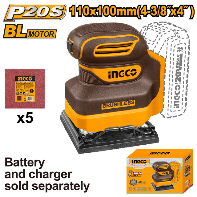 Ponceuse à bande 20V brushless, base 110x100mm. Livrée avec 5 papiers.