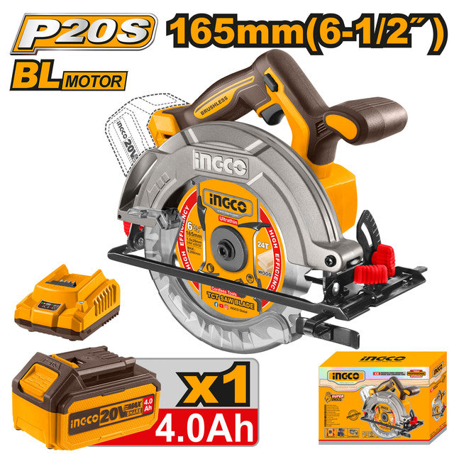 Scie circulaire 20V brushless, lame 165mm. Livrée avec batterie 4,0Ah, chargeur et lame.