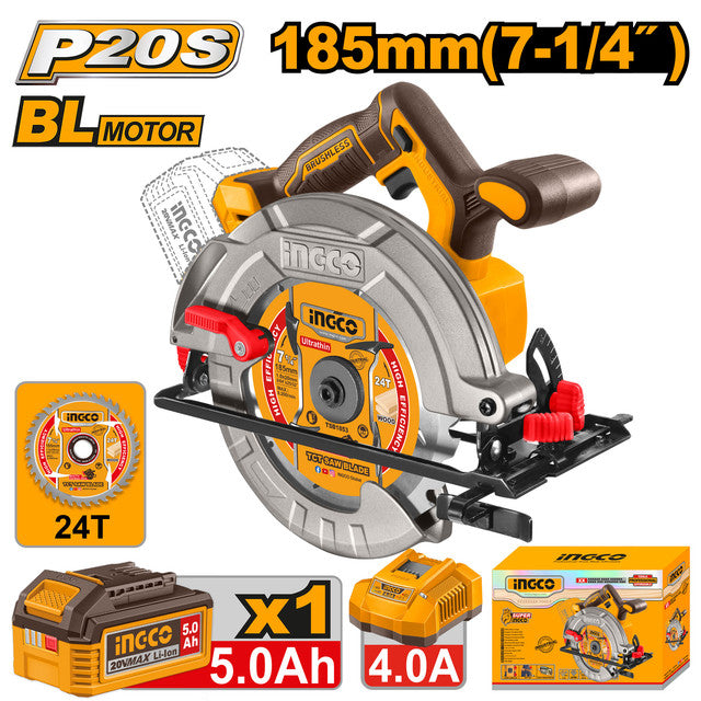 Scie circulaire 20V brushless, lame 185mm. Livrée avec batterie 5,0Ah, chargeur et lame.