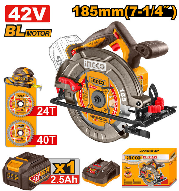 Scie circulaire 42V brushless, lame 185mm. Livrée avec 2 lames, batterie 2,5Ah, chargeur et mètre.