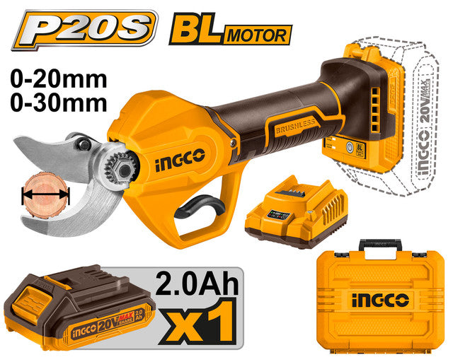 20V brushless pruning shears, 20/30mm cutting diameter. Supplied with 2.0Ah battery, charger and accessories.